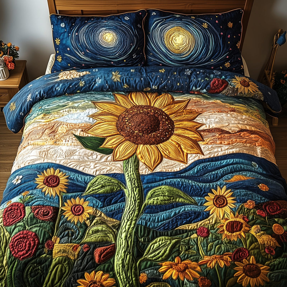 Sunflower Deity quilted 3-piece bedding set on a made bed with two matching pillow shams