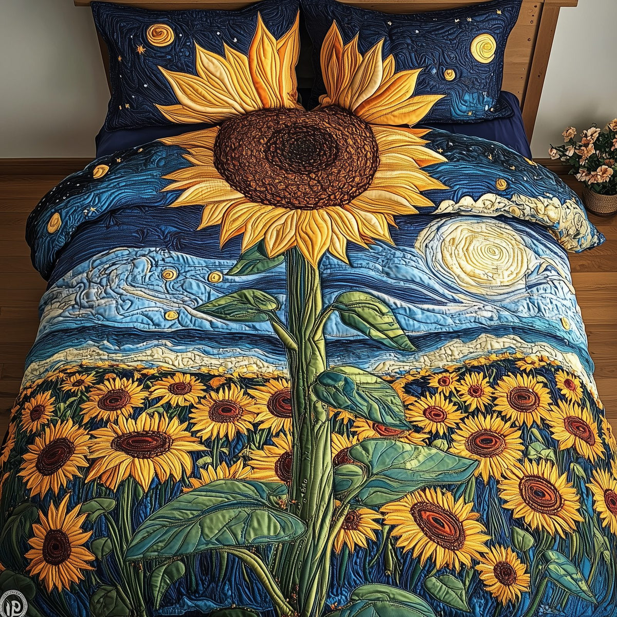 Sunflower Deity quilted 3-piece bedding set on a made bed with two matching pillow shams
