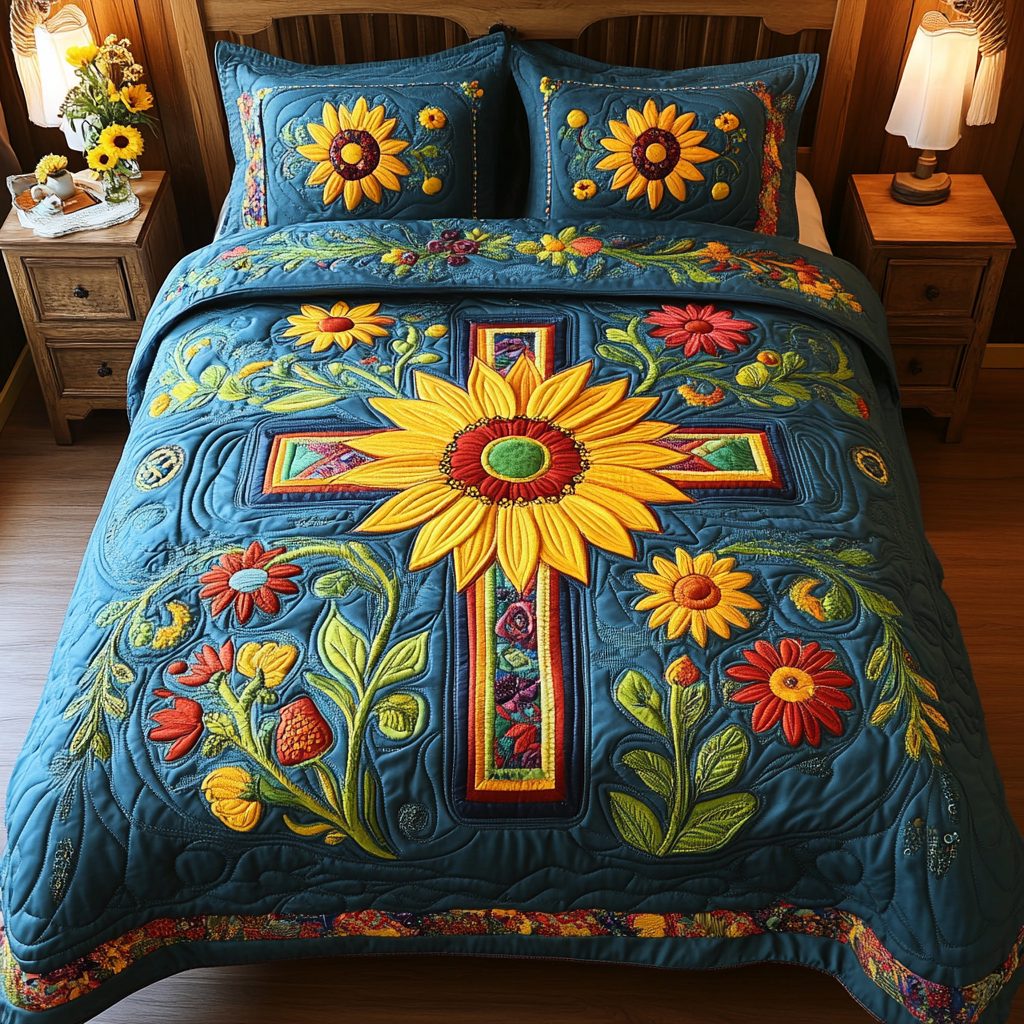 Sunflower Delight quilted 3-piece bedding set on a made bed with two matching pillow shams