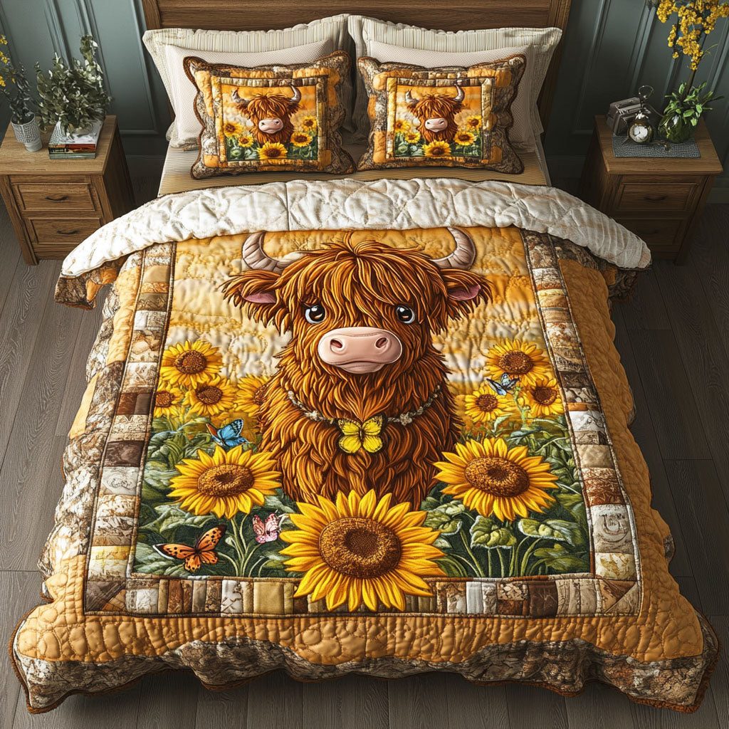 Sunflower Delight quilted 3-piece bedding set on a made bed with two matching pillow shams