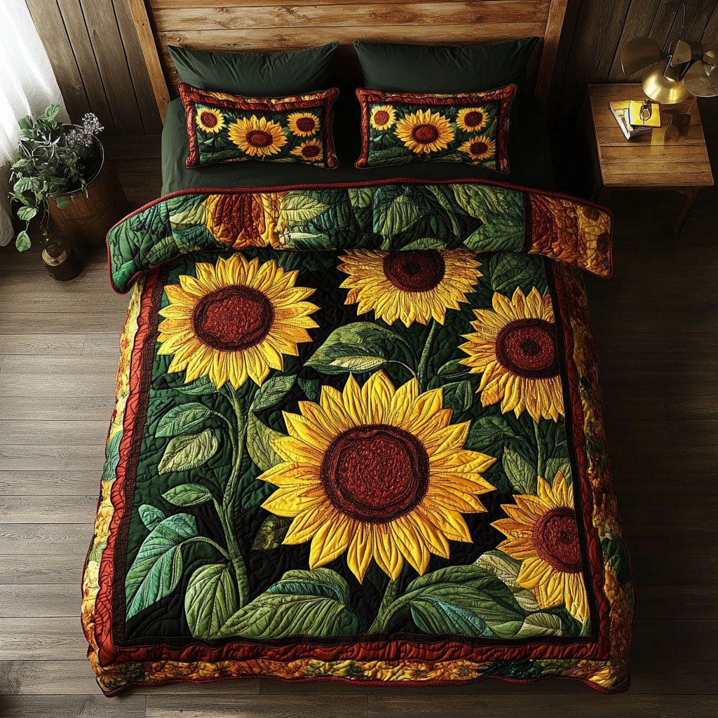 Sunflower Delight quilted 3-piece bedding set on a made bed with two matching pillow shams