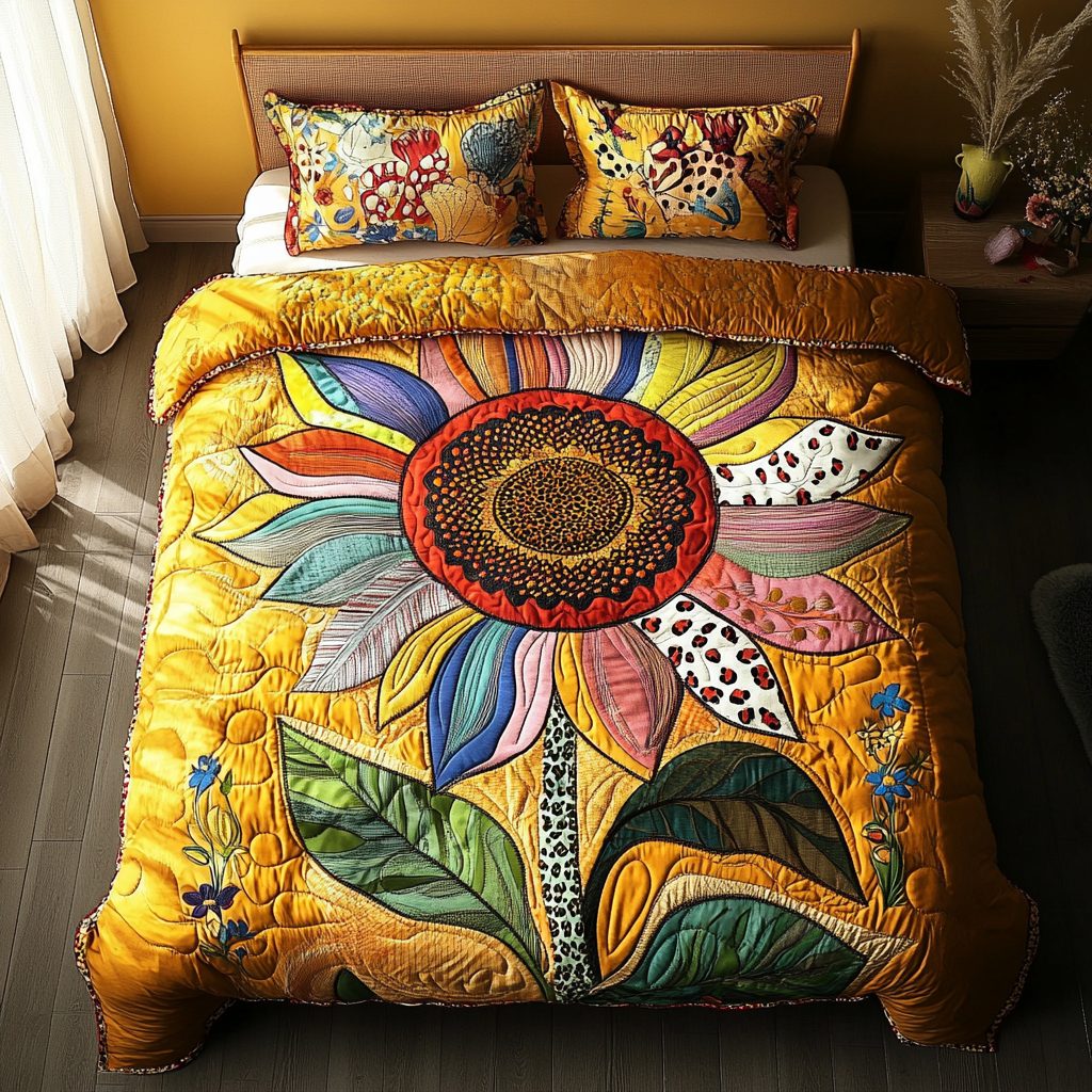 Sunflower Dreams quilted 3-piece bedding set on a made bed with two matching pillow shams