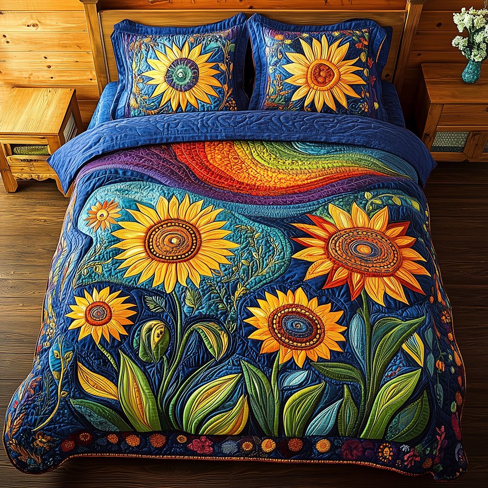 Sunflower Field quilted 3-piece bedding set on a made bed with two matching pillow shams