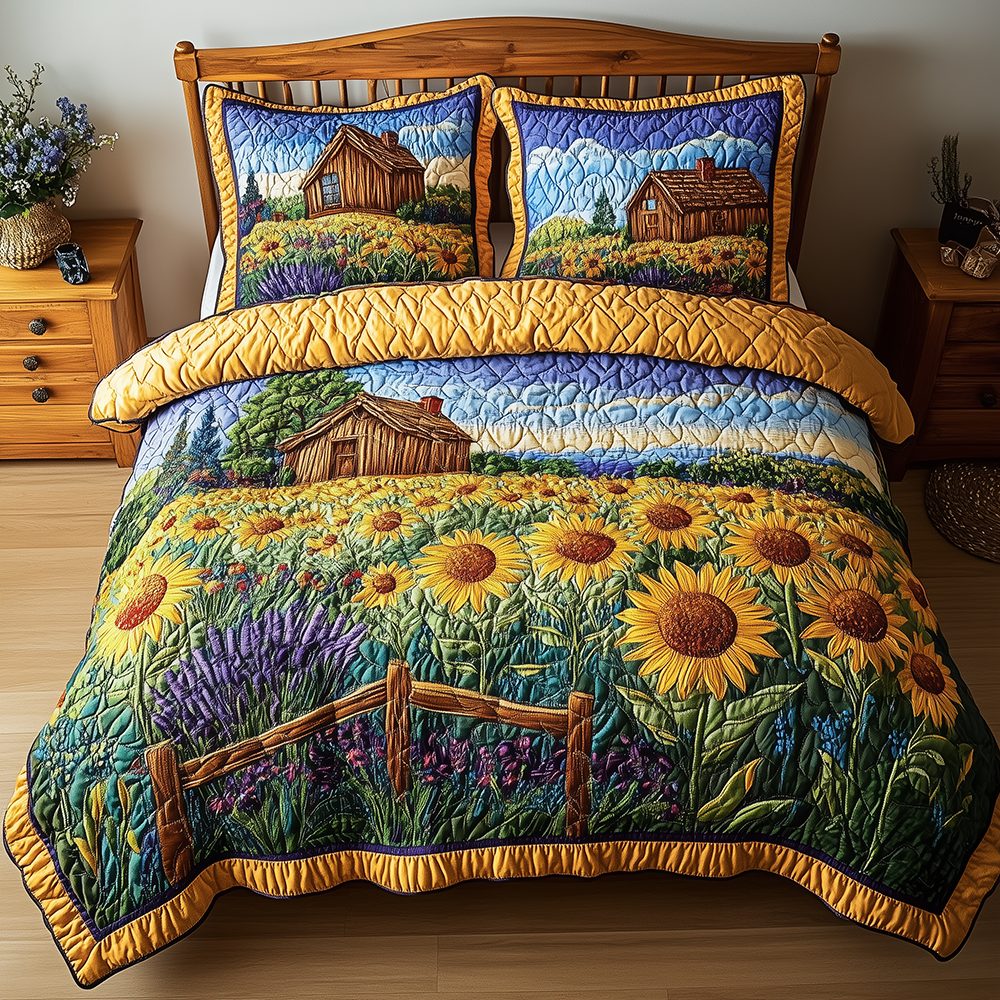 Sunflower Field quilted 3-piece bedding set on a made bed with two matching pillow shams