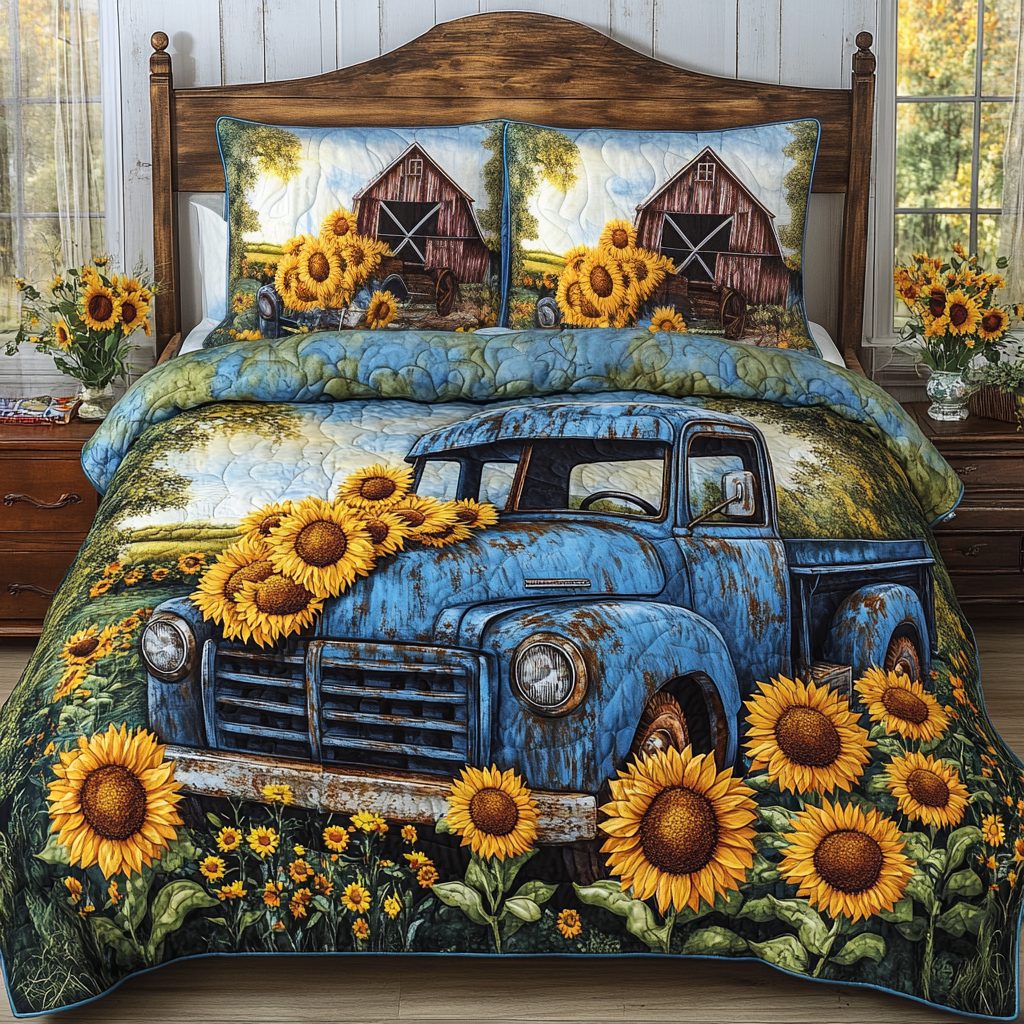 Sunflower Fields quilted 3-piece bedding set on a made bed with two matching pillow shams