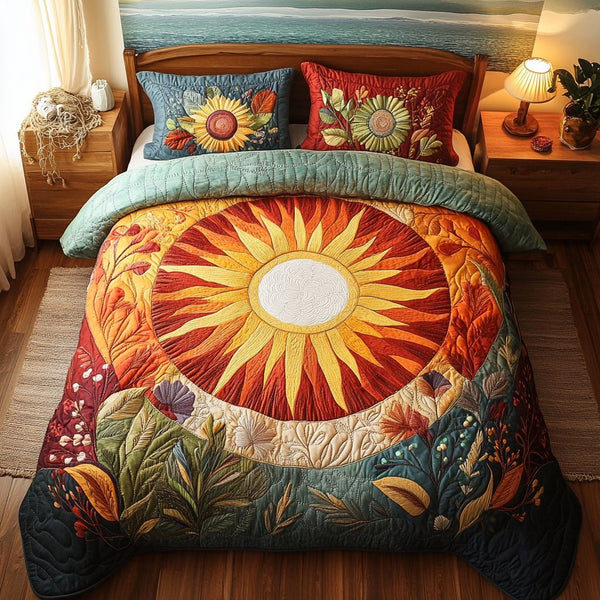 Sunflower Garden quilted 3-piece bedding set on a made bed with two matching pillow shams