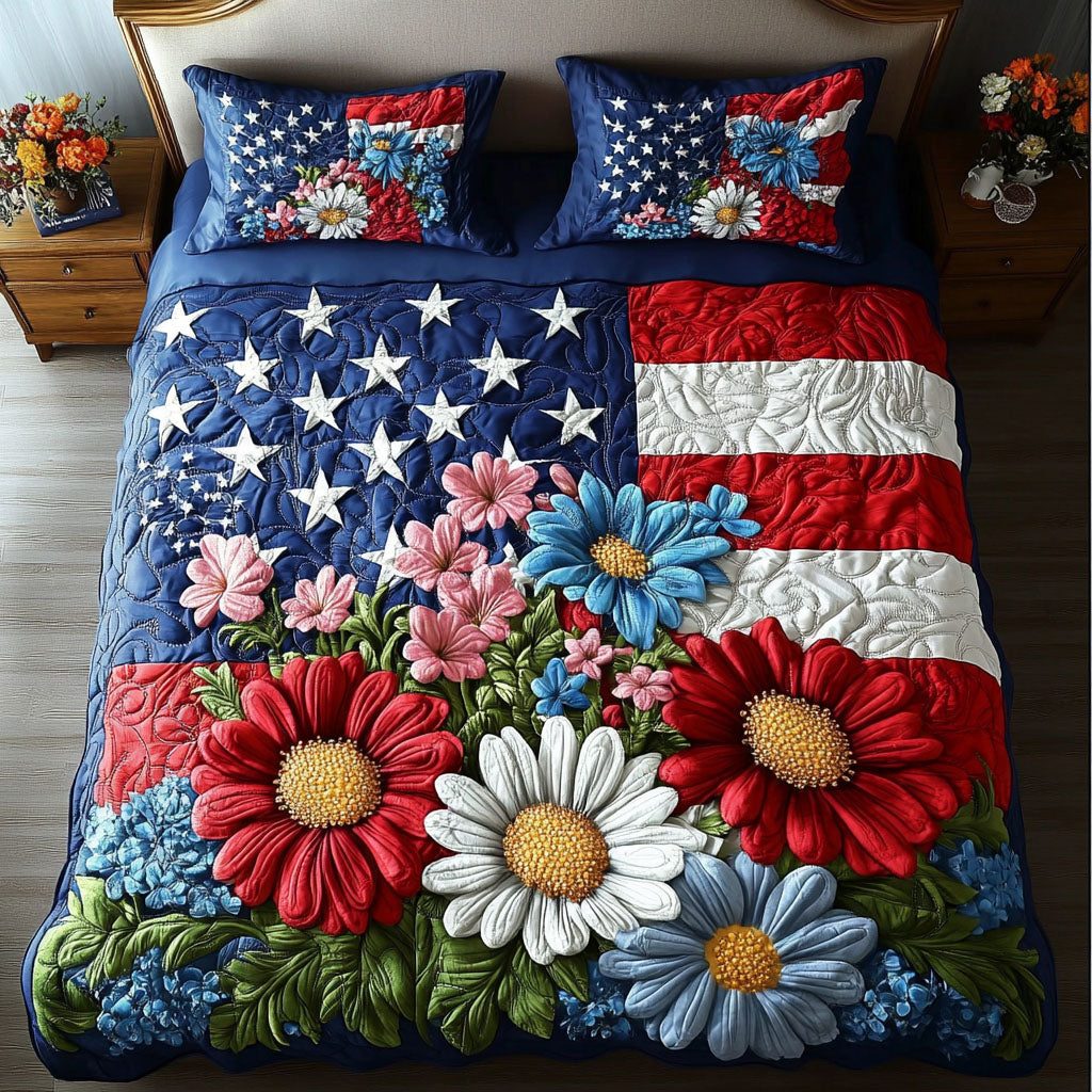 Sunflower Glory quilted 3-piece bedding set on a made bed with two matching pillow shams