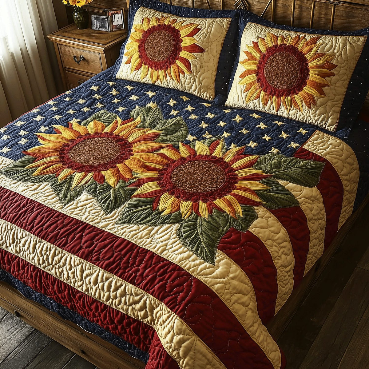 Sunflower Glory quilted 3-piece bedding set on a made bed with two matching pillow shams