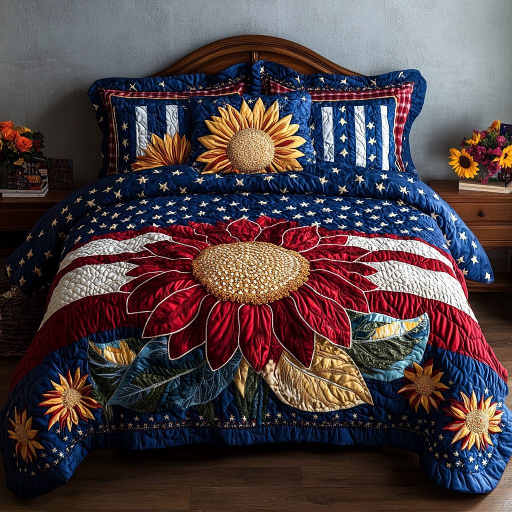 Sunflower Glory quilted 3-piece bedding set on a made bed with two matching pillow shams