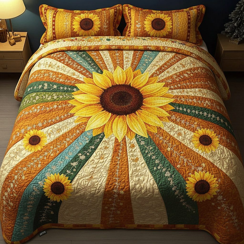 Sunflower Glow quilted 3-piece bedding set on a made bed with two matching pillow shams