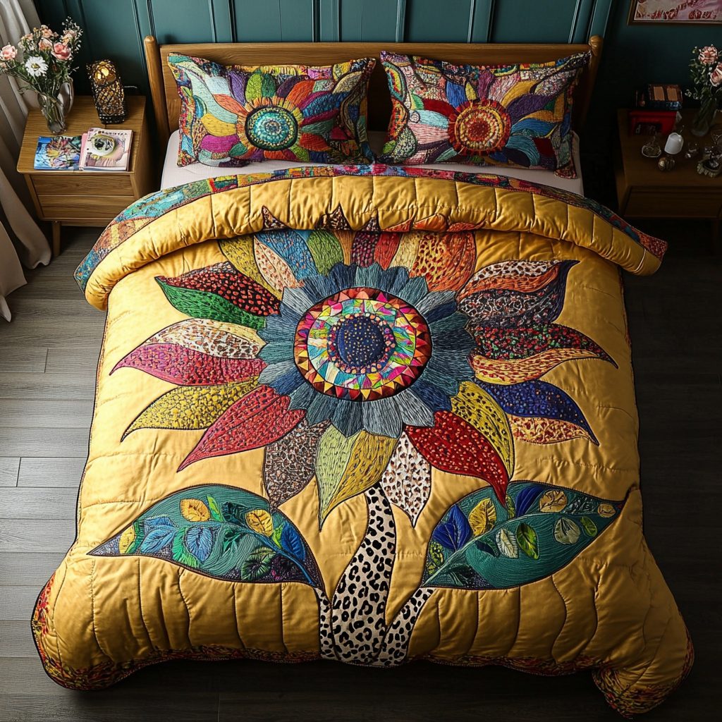 Sunflower Glow quilted 3-piece bedding set on a made bed with two matching pillow shams