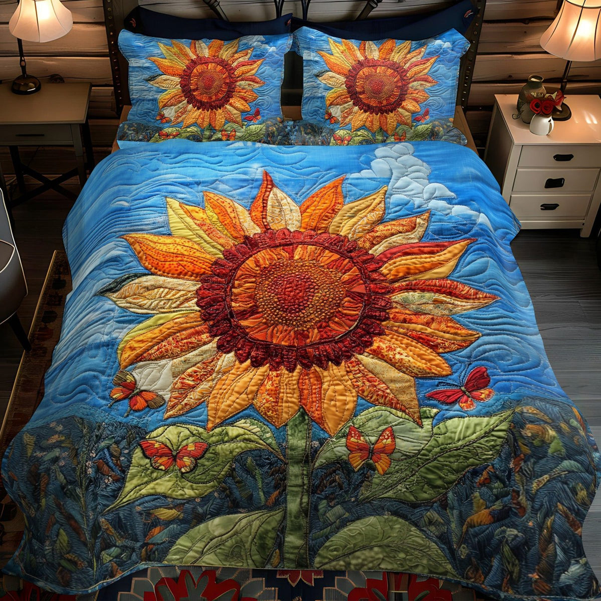 Sunflower Glow quilted 3-piece bedding set on a made bed with two matching pillow shams