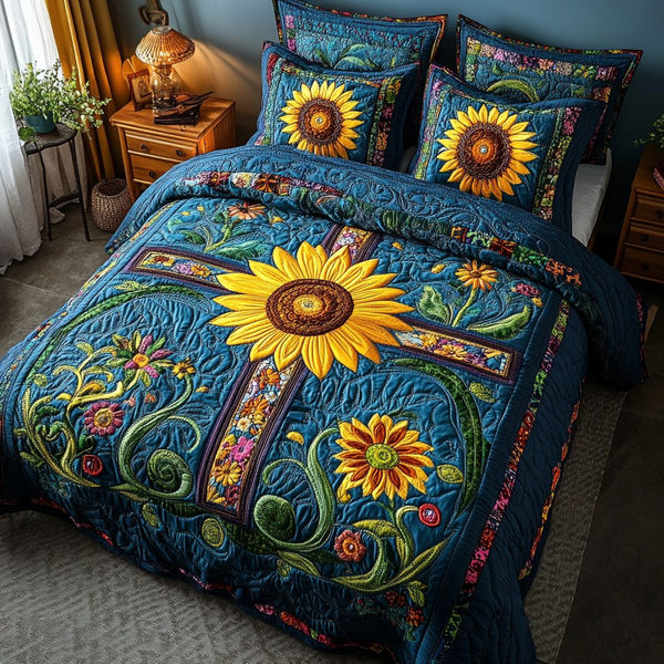 Sunflower Grace quilted 3-piece bedding set on a made bed with two matching pillow shams
