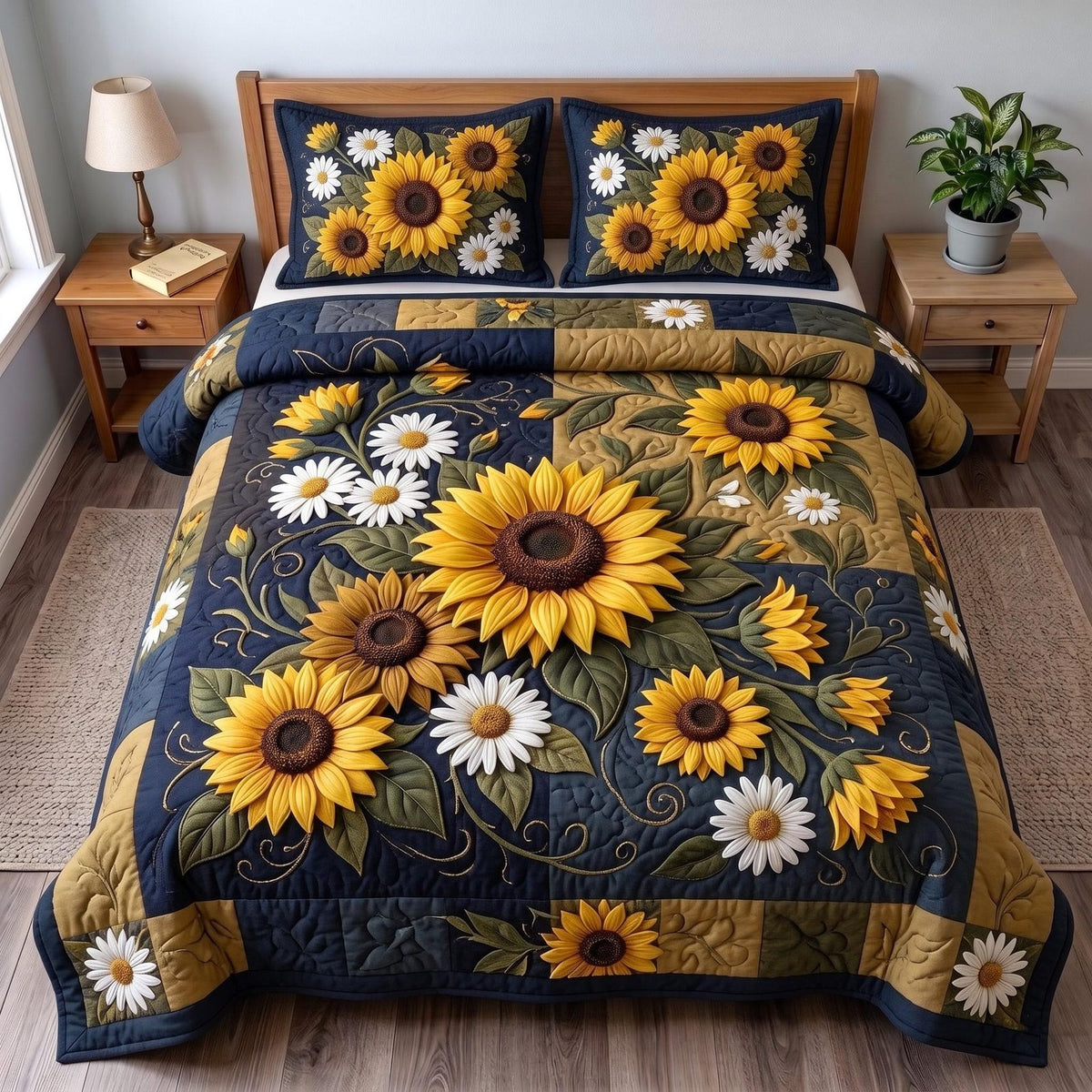 Sunflower Harvest quilted 3-piece bedding set on a made bed with two matching pillow shams