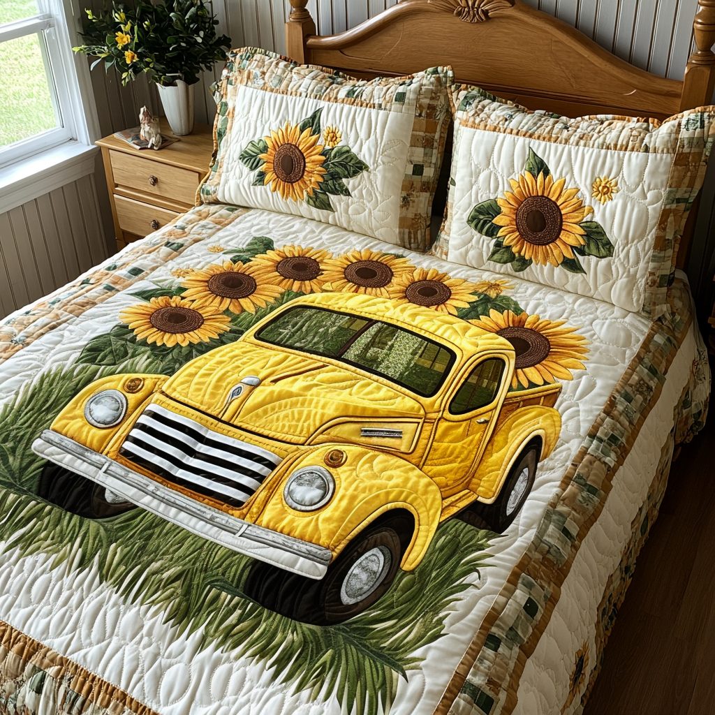 Sunflower Harvest quilted 3-piece bedding set on a made bed with two matching pillow shams