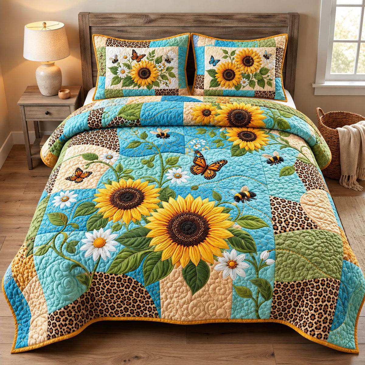 Sunflower Leopard Garden quilted 3-piece bedding set on a made bed with two matching pillow shams