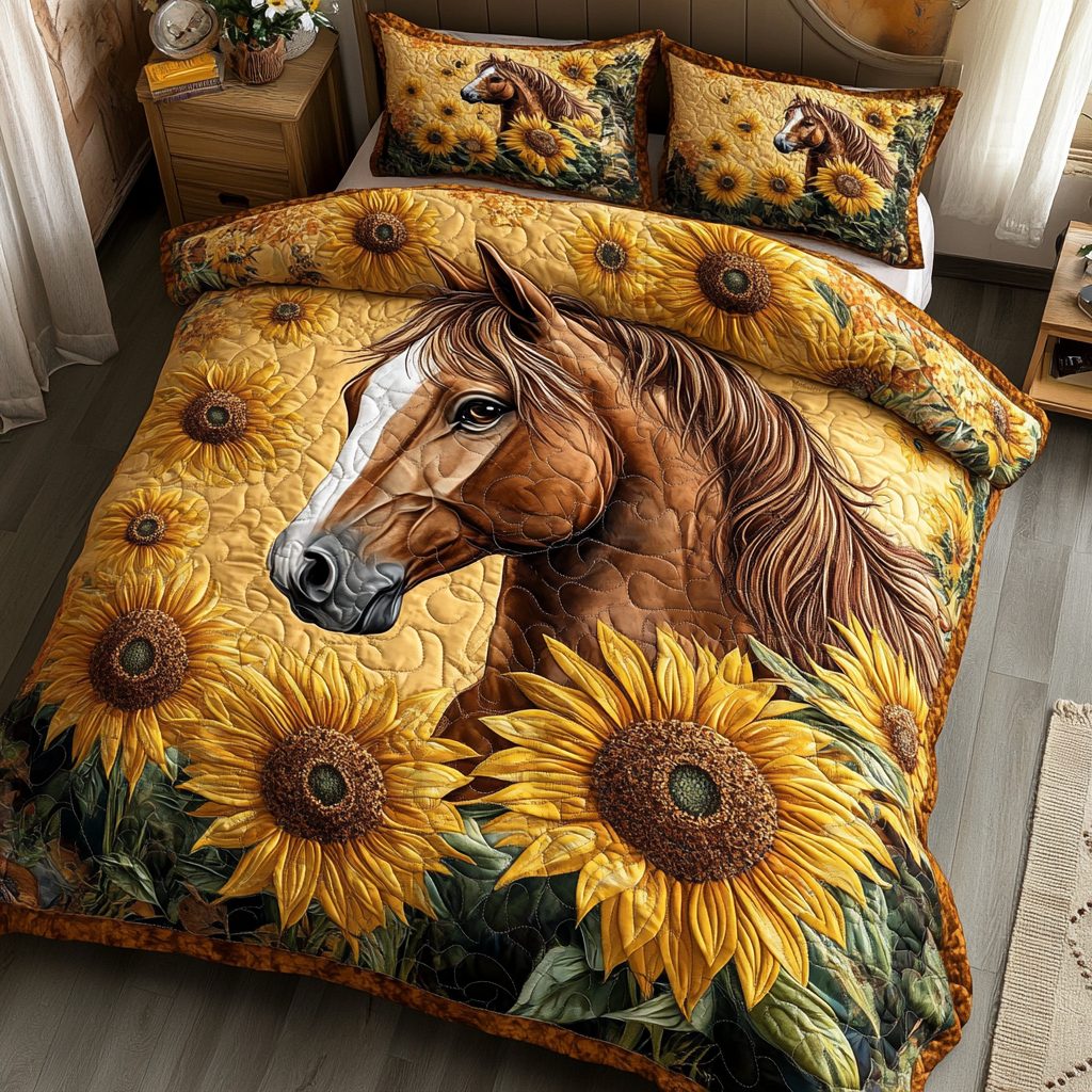 Sunflower Mare quilted 3-piece bedding set on a made bed in a rustic timber bedroom
