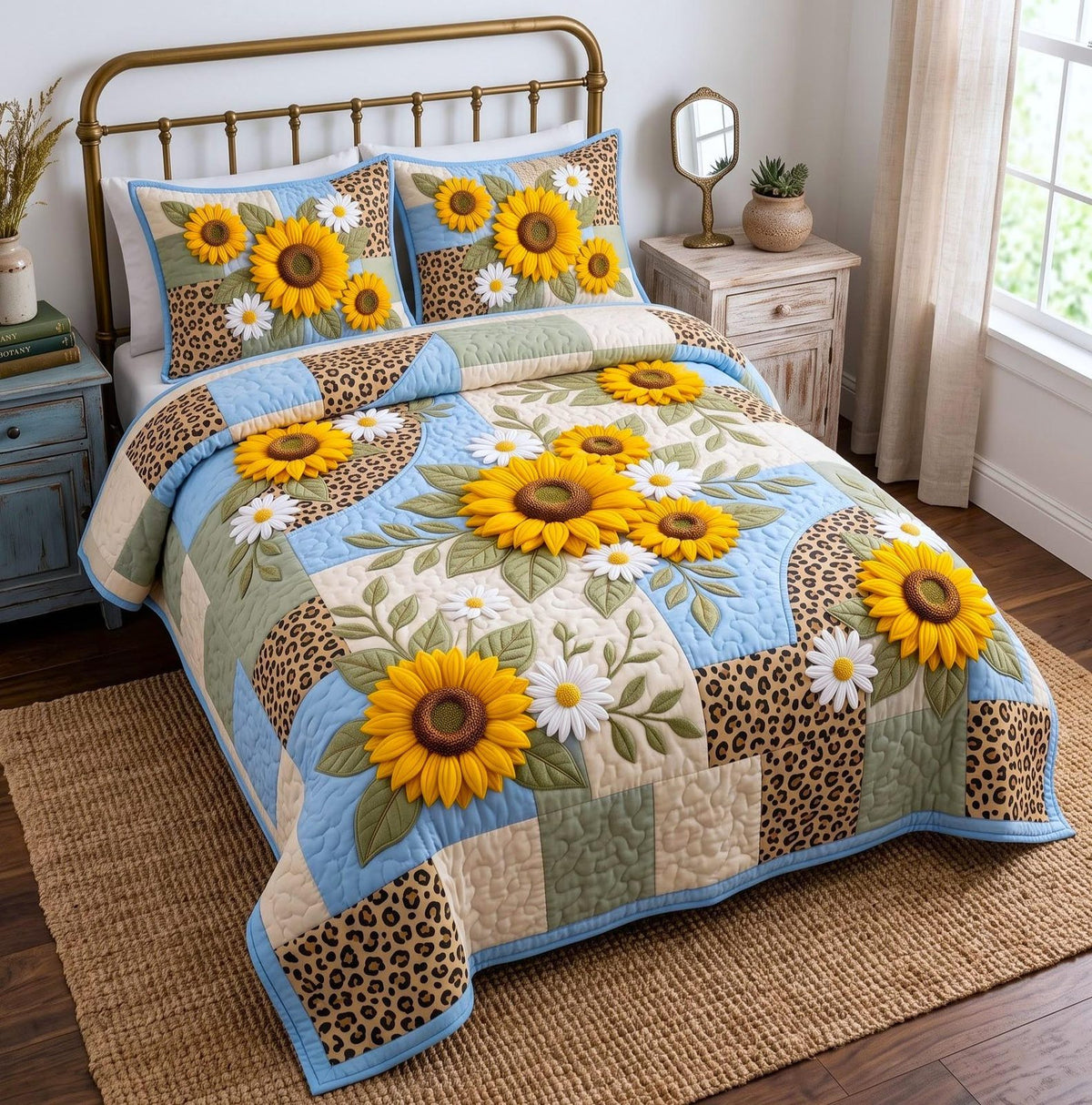 Sunflower Meadow quilted 3-piece bedding set on a made bed with two matching pillow shams
