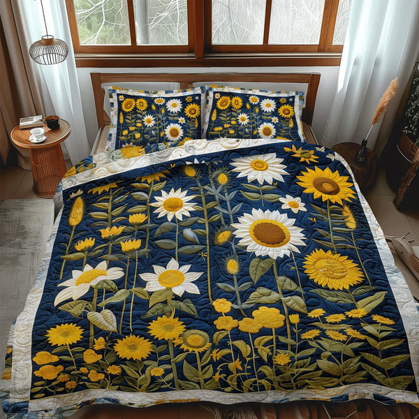 Sunflower Night quilted 3-piece bedding set on a made bed with two matching pillow shams