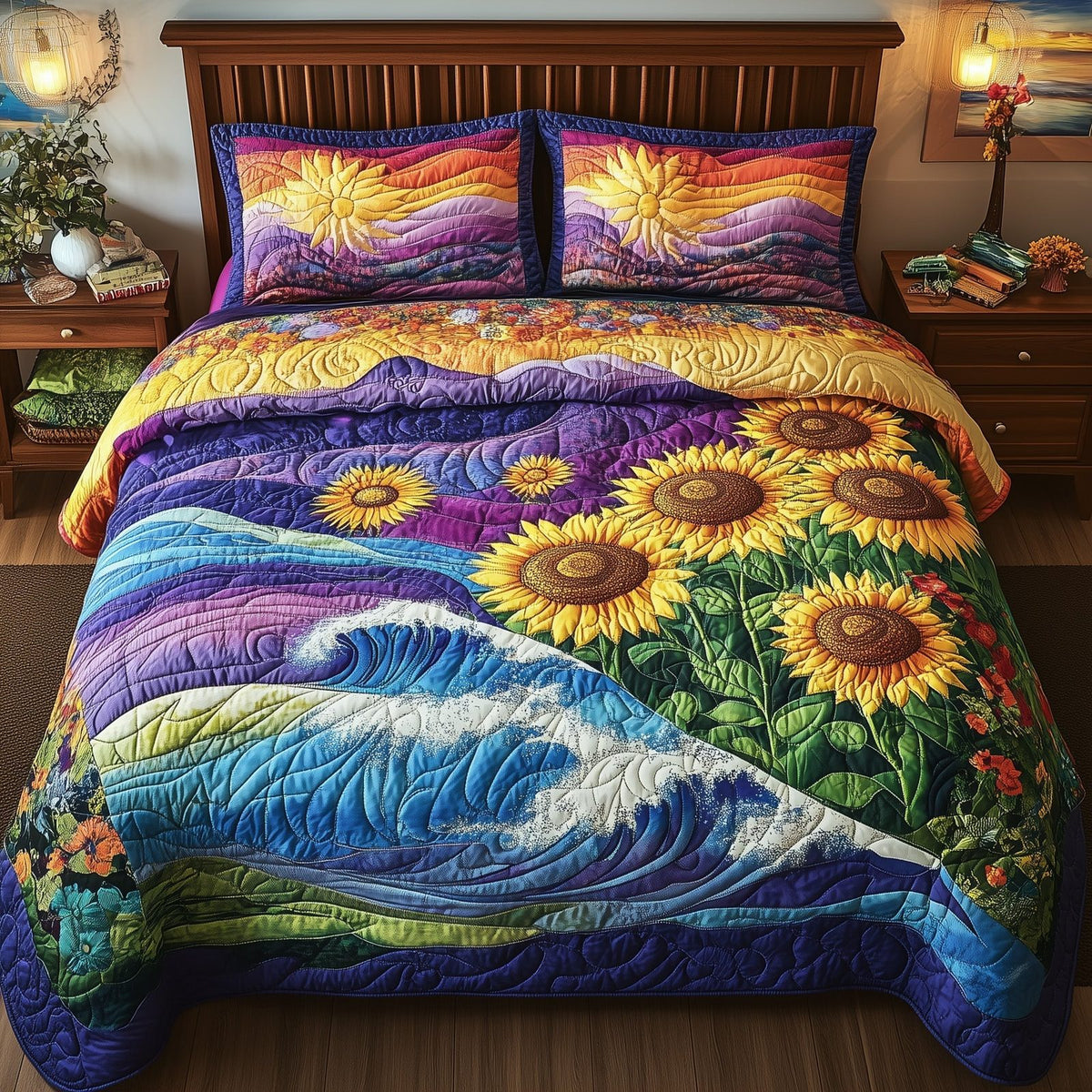 Sunflower Paradise quilted 3-piece bedding set on a made bed with two matching pillow shams