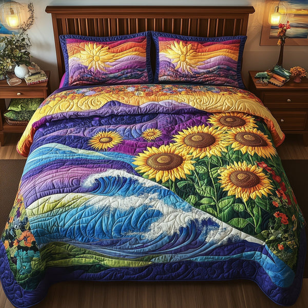 Sunflower Paradise quilted 3-piece bedding set on a made bed with two matching pillow shams