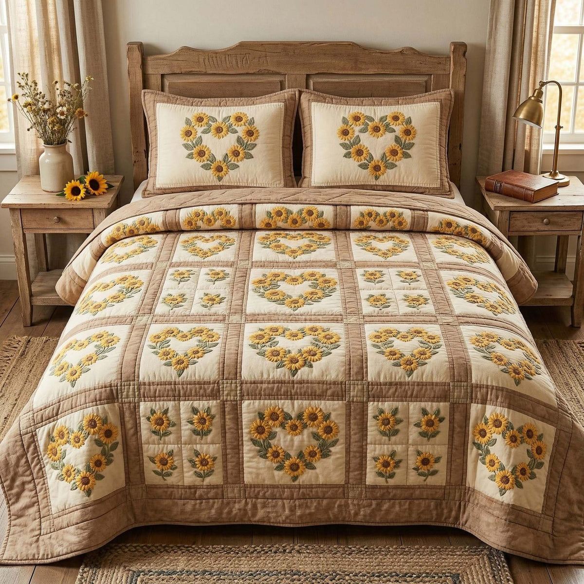 Sunflower Patchwork Bloom quilted 3-piece bedding set on a made bed in a farmhouse bedroom