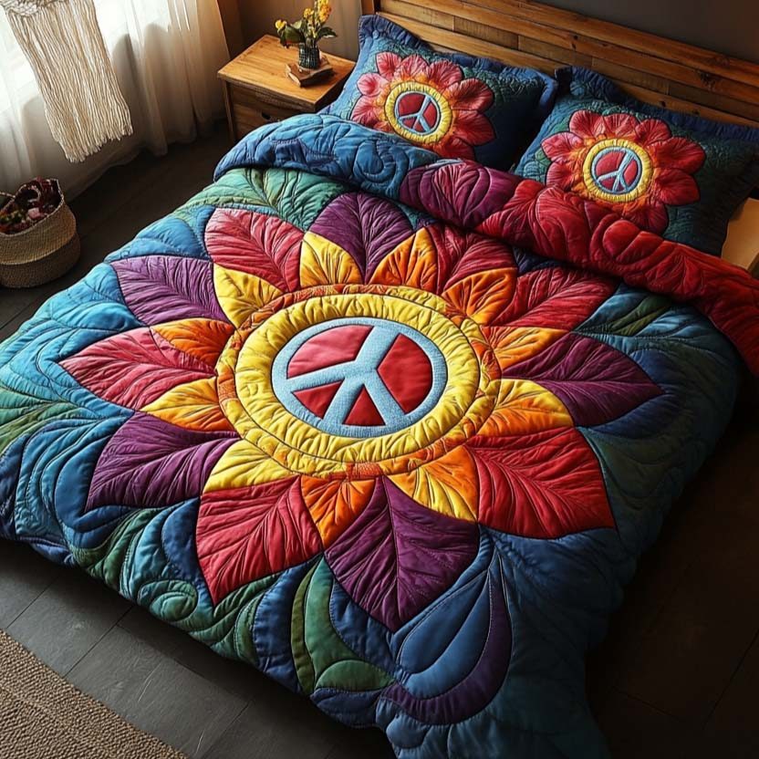 Sunflower Peace quilted 3-piece bedding set on a made bed with two matching pillow shams