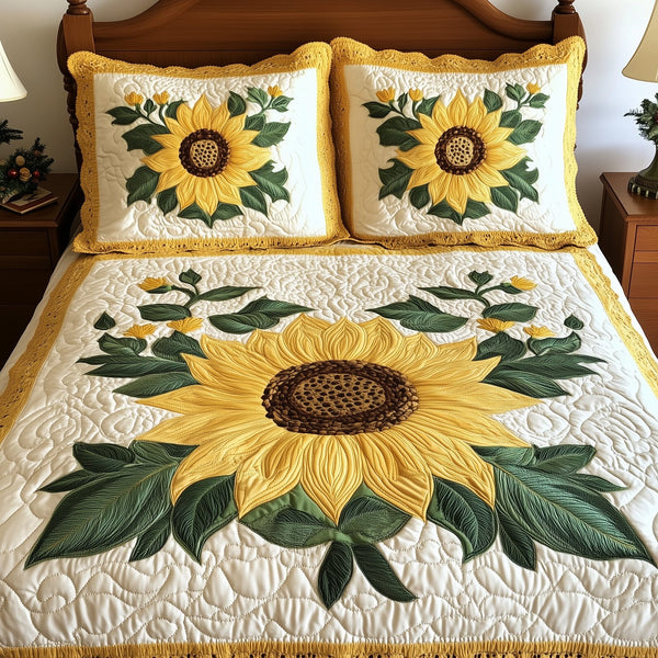 Sunflower quilted 3-piece bedding set on a made bed with two matching pillow shams
