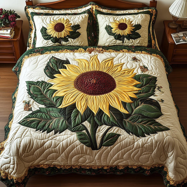 Sunflower quilted 3-piece bedding set on a made bed with two matching pillow shams