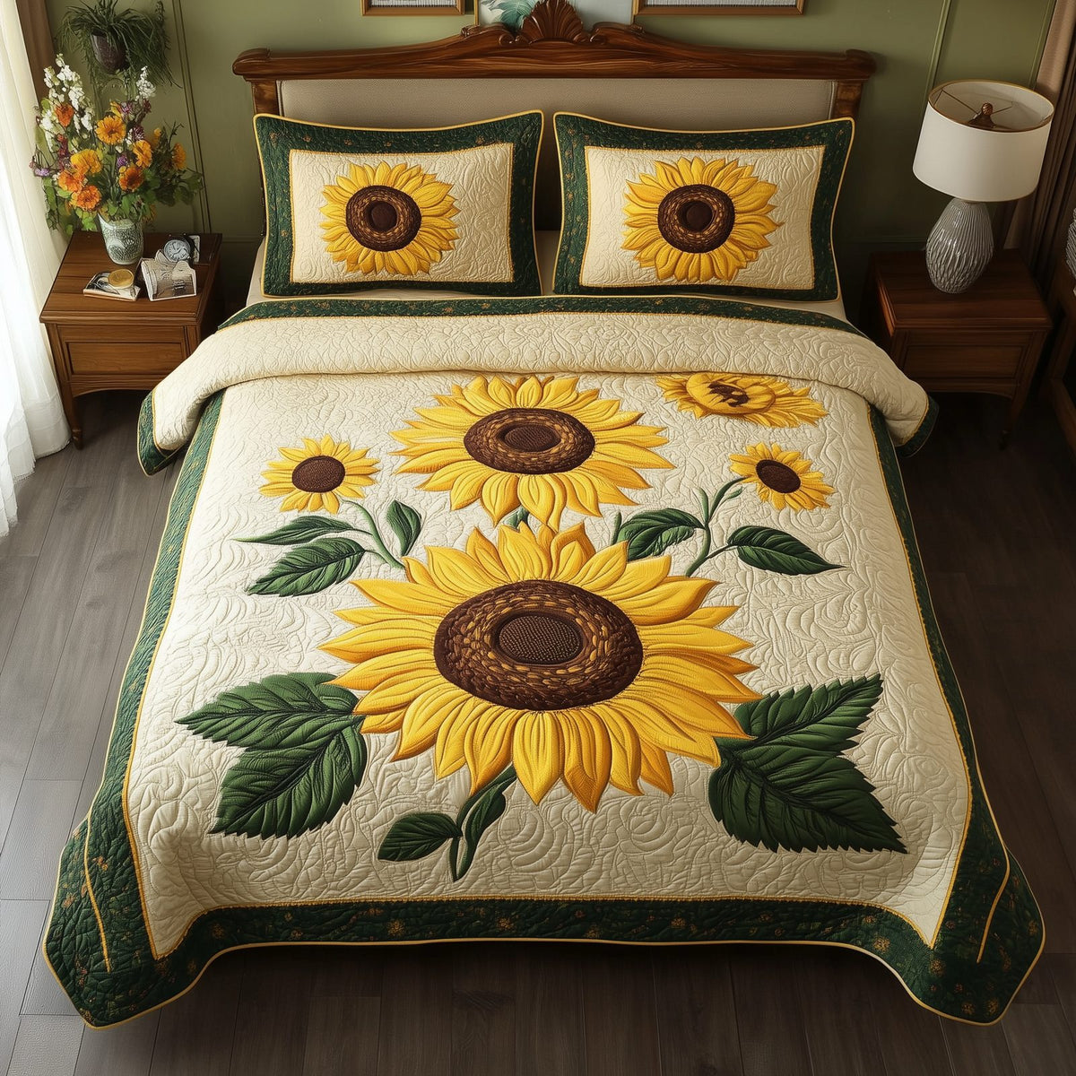 Sunflower quilted 3-piece bedding set on a made bed with two matching pillow shams