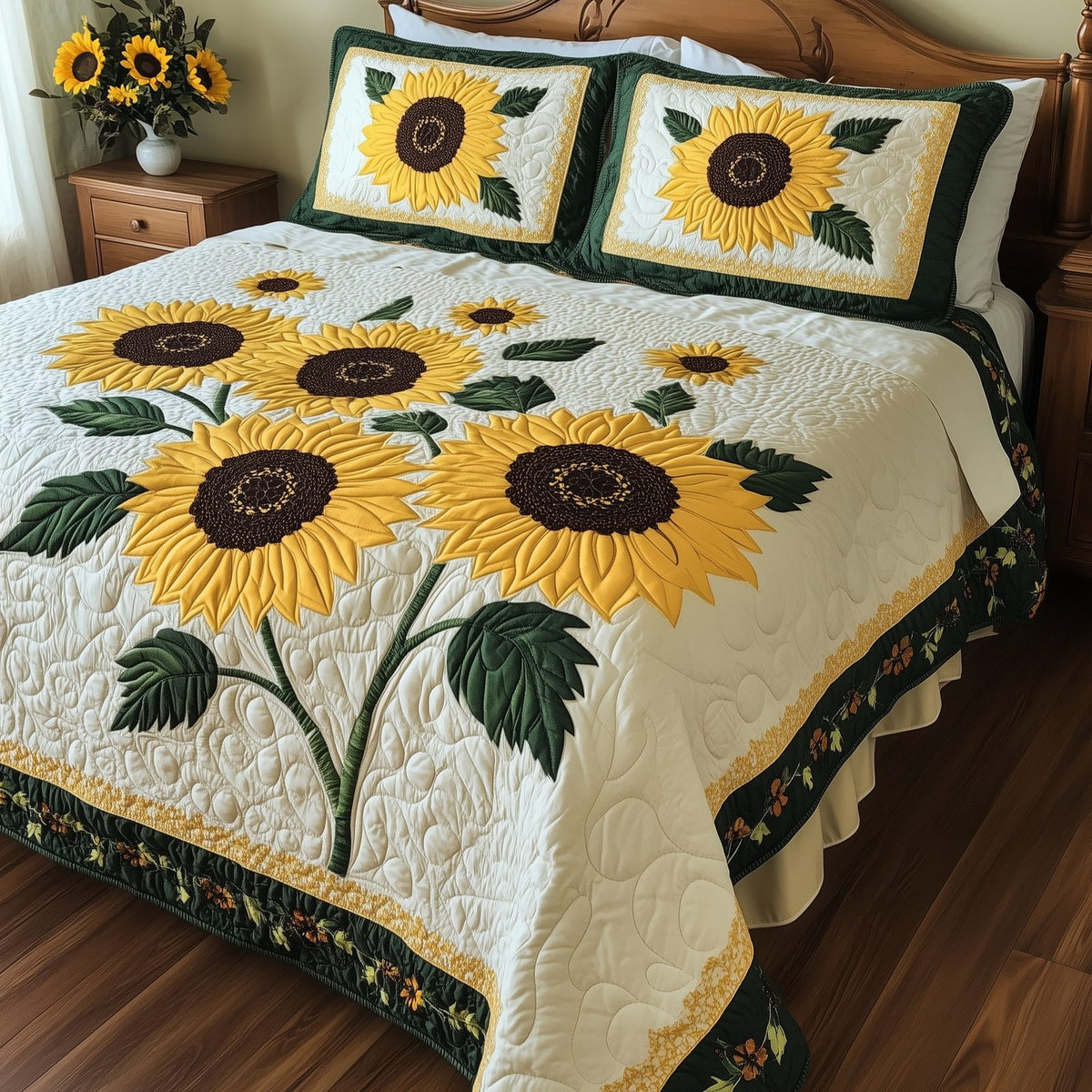 Sunflower quilted 3-piece bedding set on a made bed with two matching pillow shams