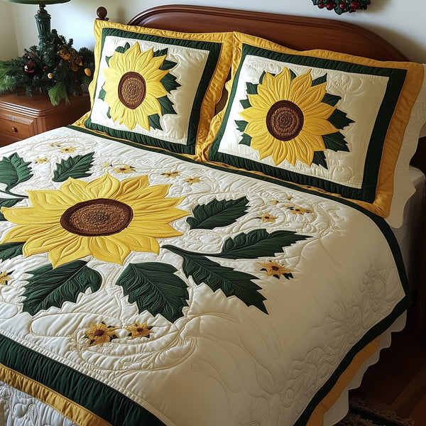 Sunflower quilted 3-piece bedding set on a made bed with two matching pillow shams