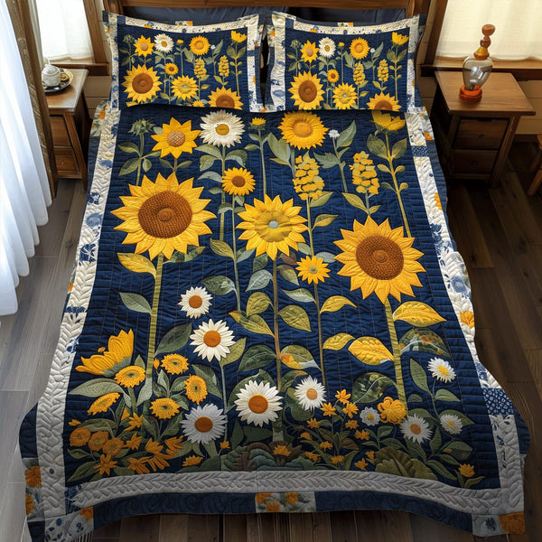 Sunflower Radiance quilted 3-piece bedding set on a made bed with two matching pillow shams
