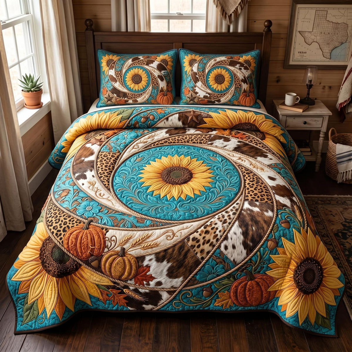 Sunflower Safari quilted 3-piece bedding set on a made bed with two matching pillow shams