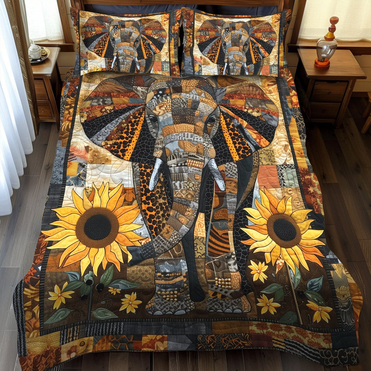 Sunflower Safari quilted 3-piece bedding set on a made bed with two matching pillow shams