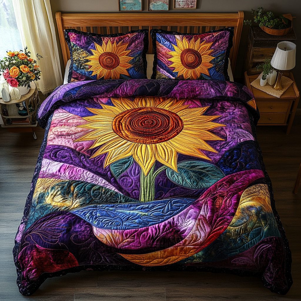 Sunflower Serenity quilted 3-piece bedding set on a made bed with two matching pillow shams
