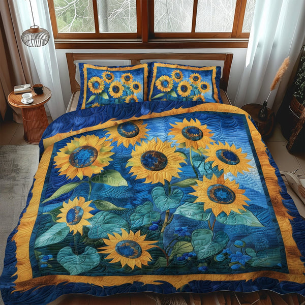 Sunflower Serenity quilted 3-piece bedding set on a made bed with two matching pillow shams