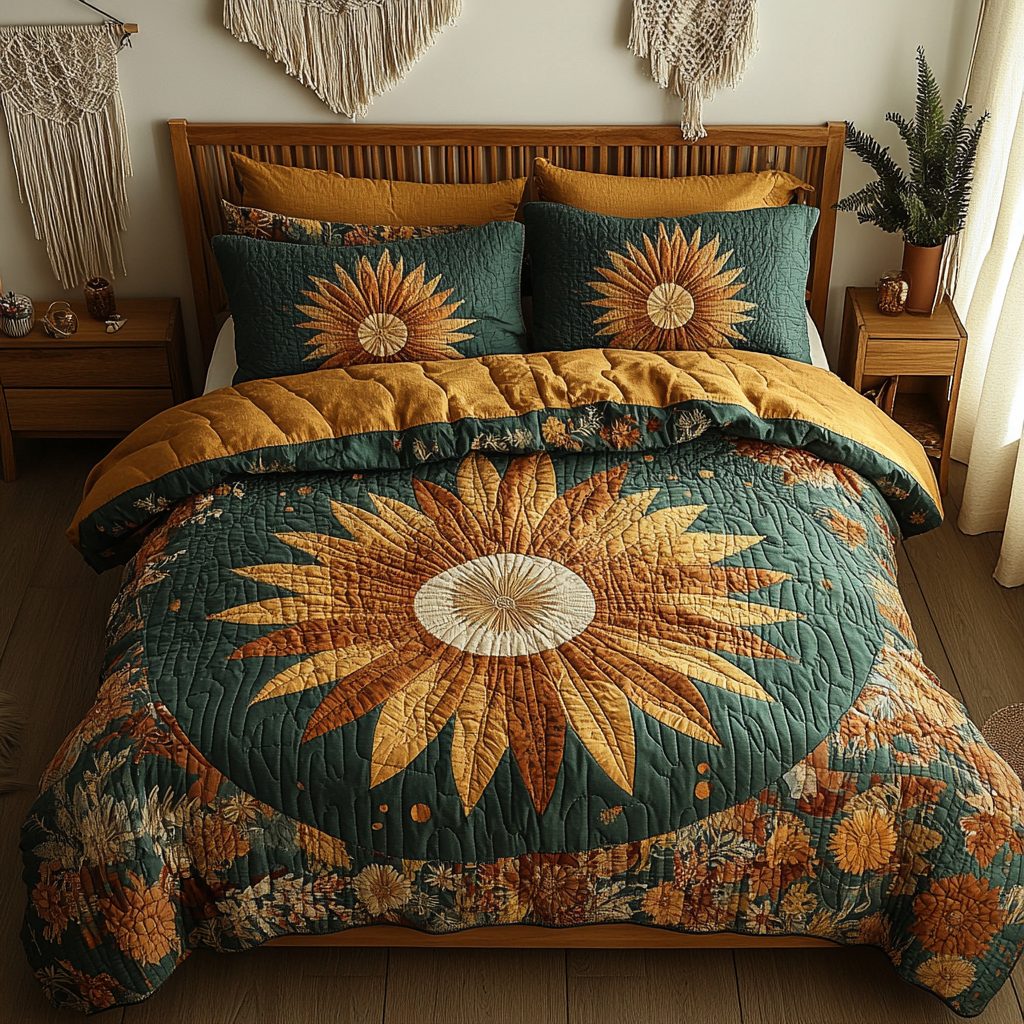 Sunflower Serenity quilted 3-piece bedding set on a made bed with two matching pillow shams