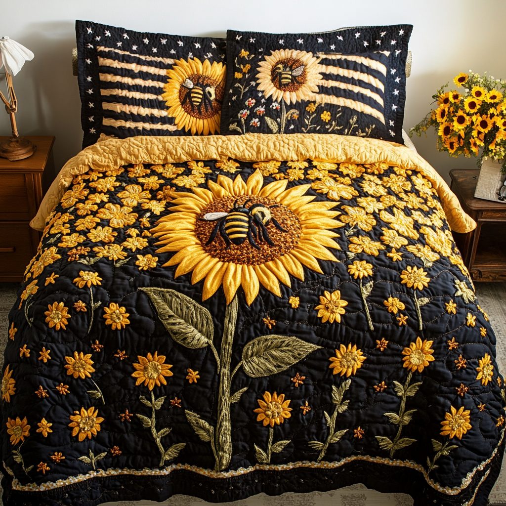 Sunflower Shine quilted 3-piece bedding set on a made bed with two matching pillow shams