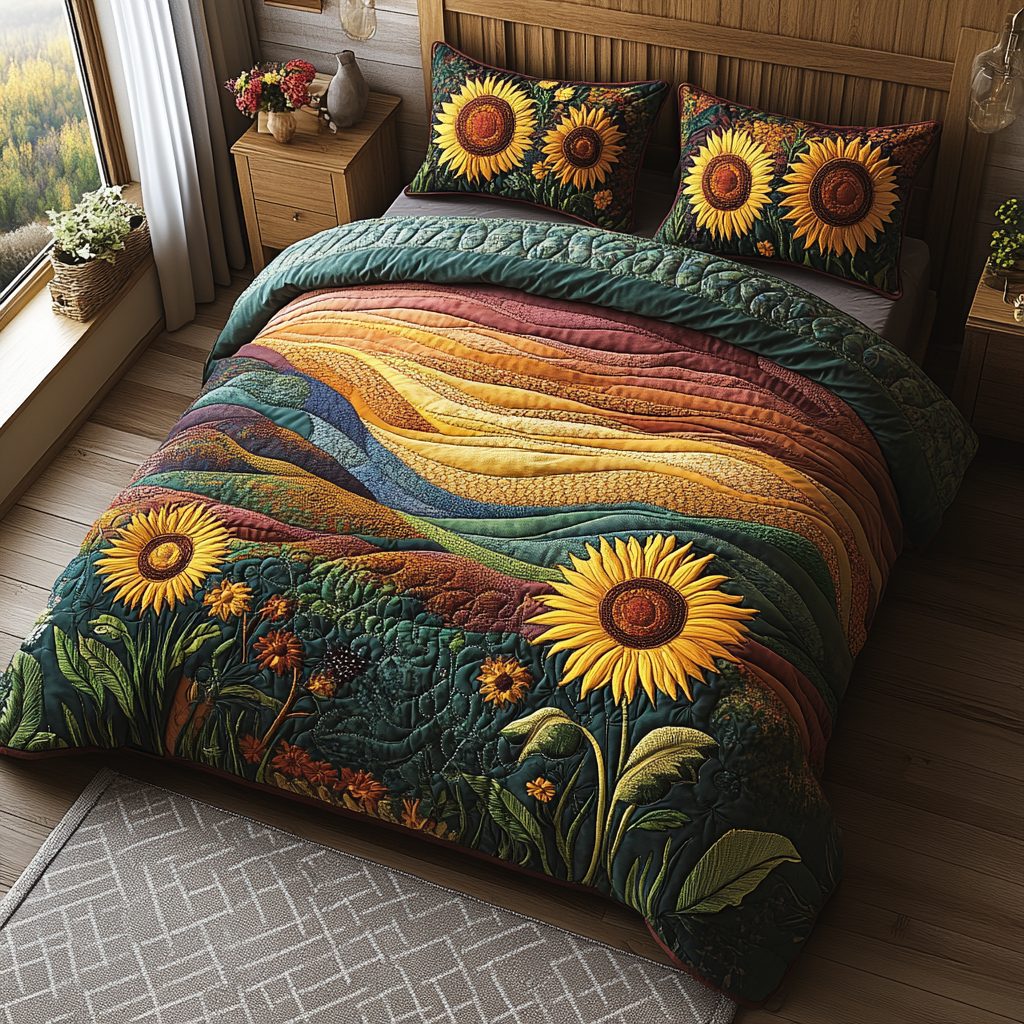 Sunflower Sunrise quilted 3-piece bedding set on a made bed with two matching pillow shams