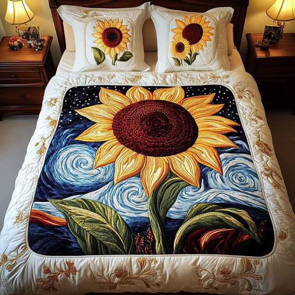 Sunflower Symphony quilted 3-piece bedding set on a made bed with two matching pillow shams