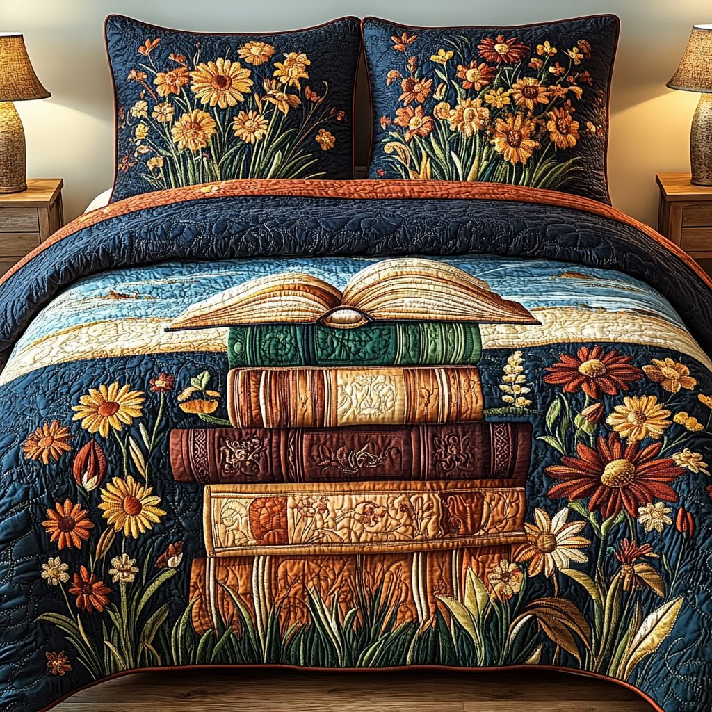 Sunflower Tales quilted 3-piece bedding set on a made bed with two matching pillow shams