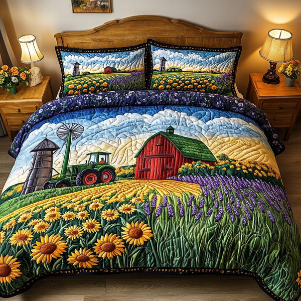 Sunflower Trail quilted 3-piece bedding set on a made bed with two matching pillow shams