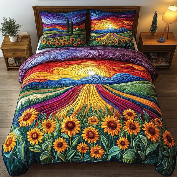 Sunflower Valley quilted 3-piece bedding set on a made bed with two matching pillow shams