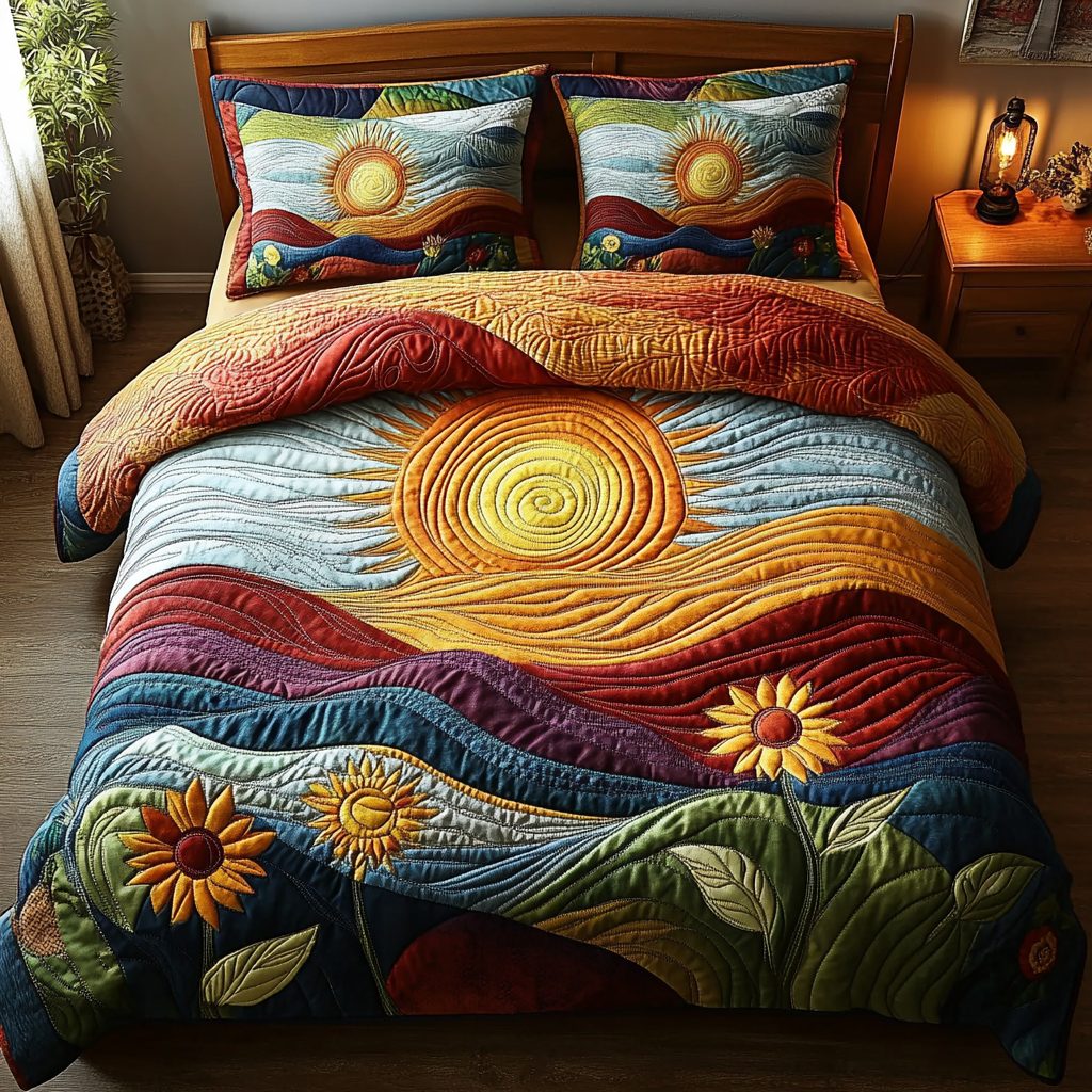 Sunkissed Prairie quilted 3-piece bedding set on a made bed in a rustic timber bedroom