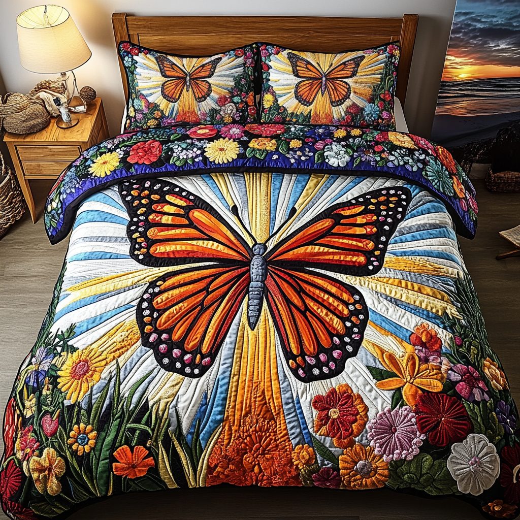 Sunlit Butterfly quilted 3-piece bedding set on a made bed with two matching pillow shams