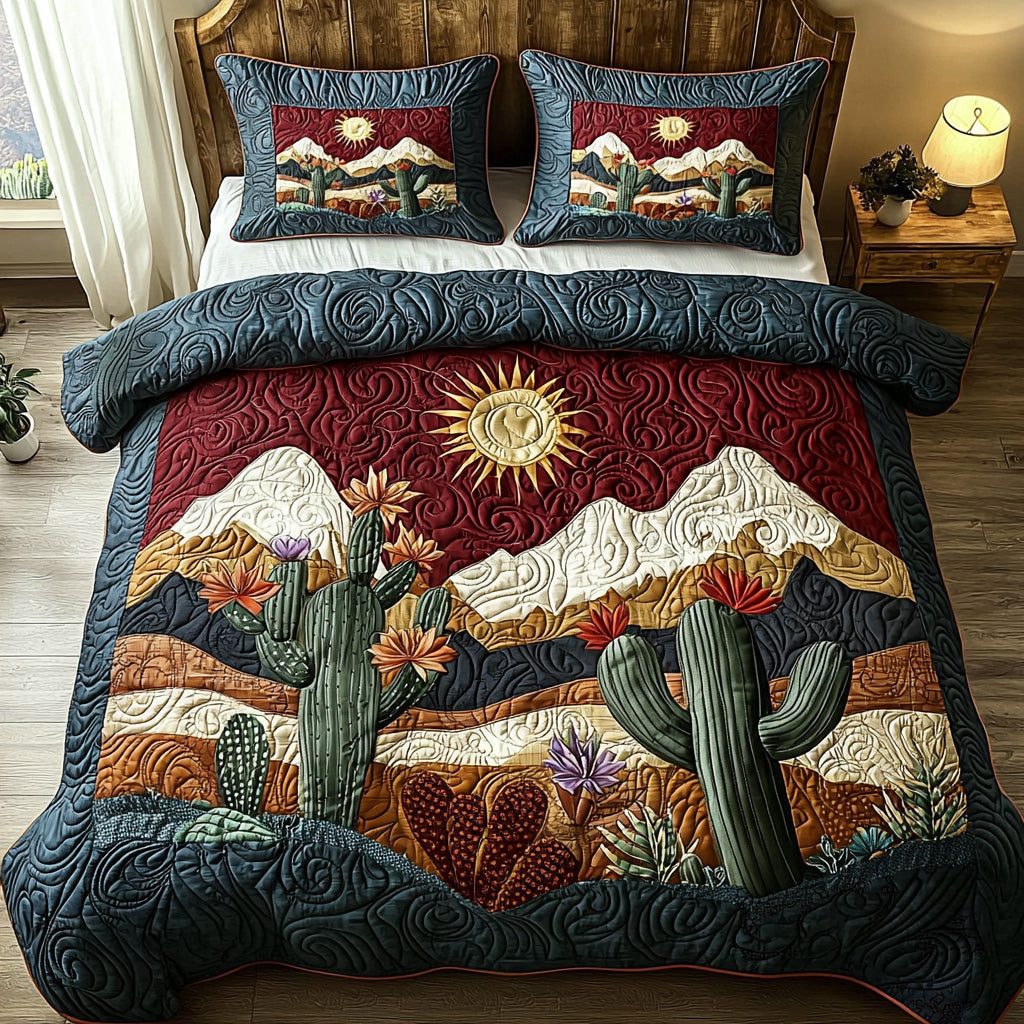 Sunlit Cactus quilted 3-piece bedding set on a made bed with two matching pillow shams