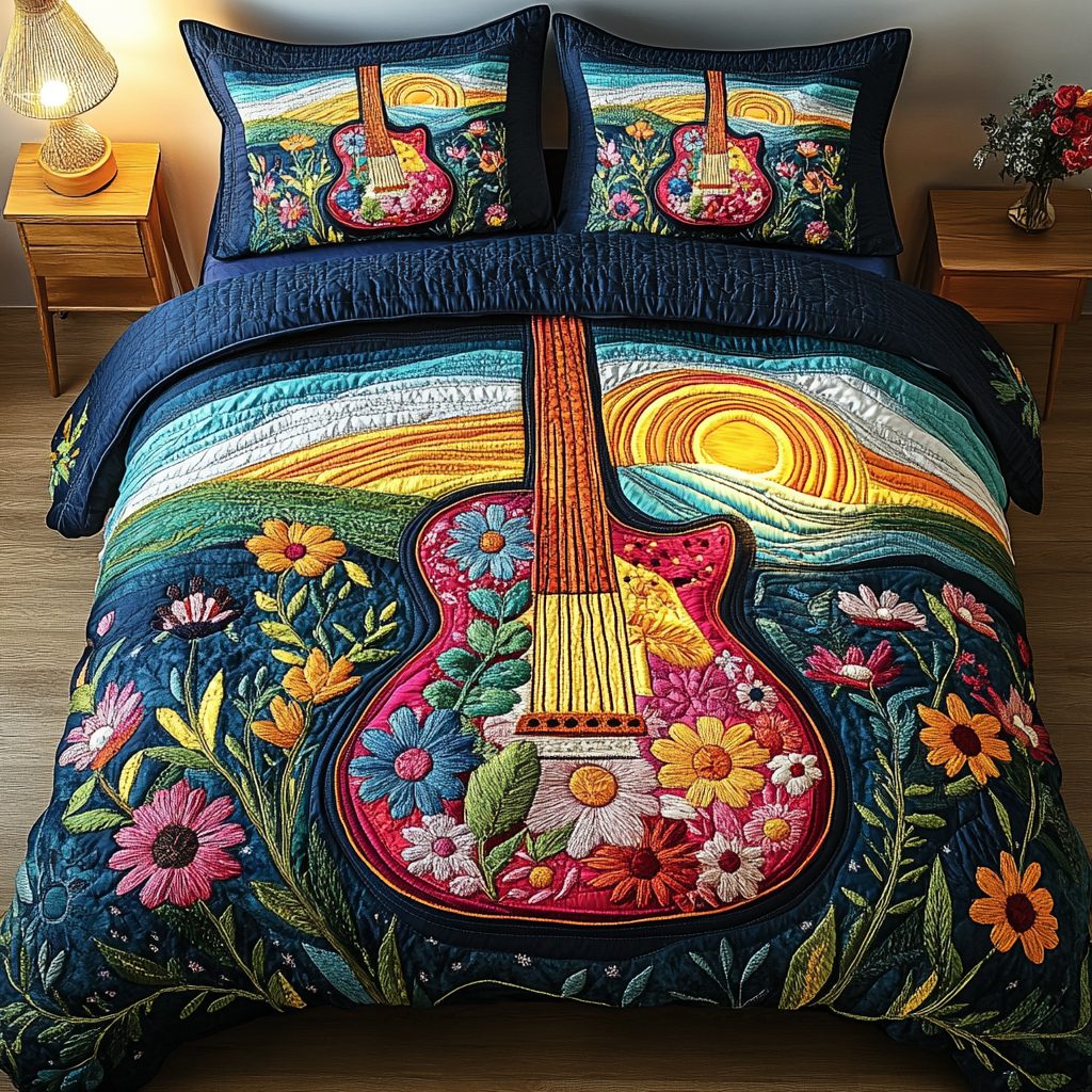 Sunlit Chords quilted 3-piece bedding set on a made bed with two matching pillow shams