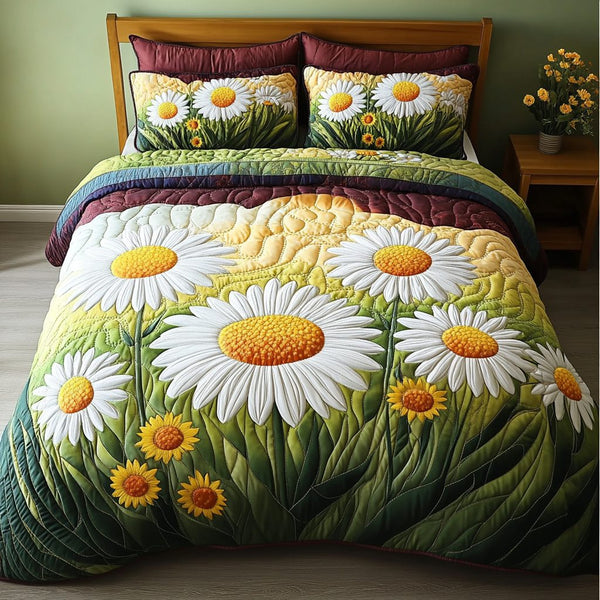 Sunlit Daisies quilted 3-piece bedding set on a made bed with two matching pillow shams