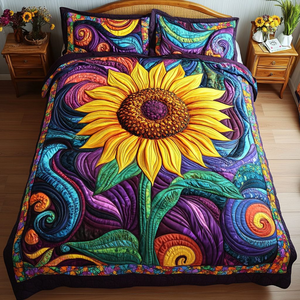 Sunlit Fields quilted 3-piece bedding set on a made bed with two matching pillow shams